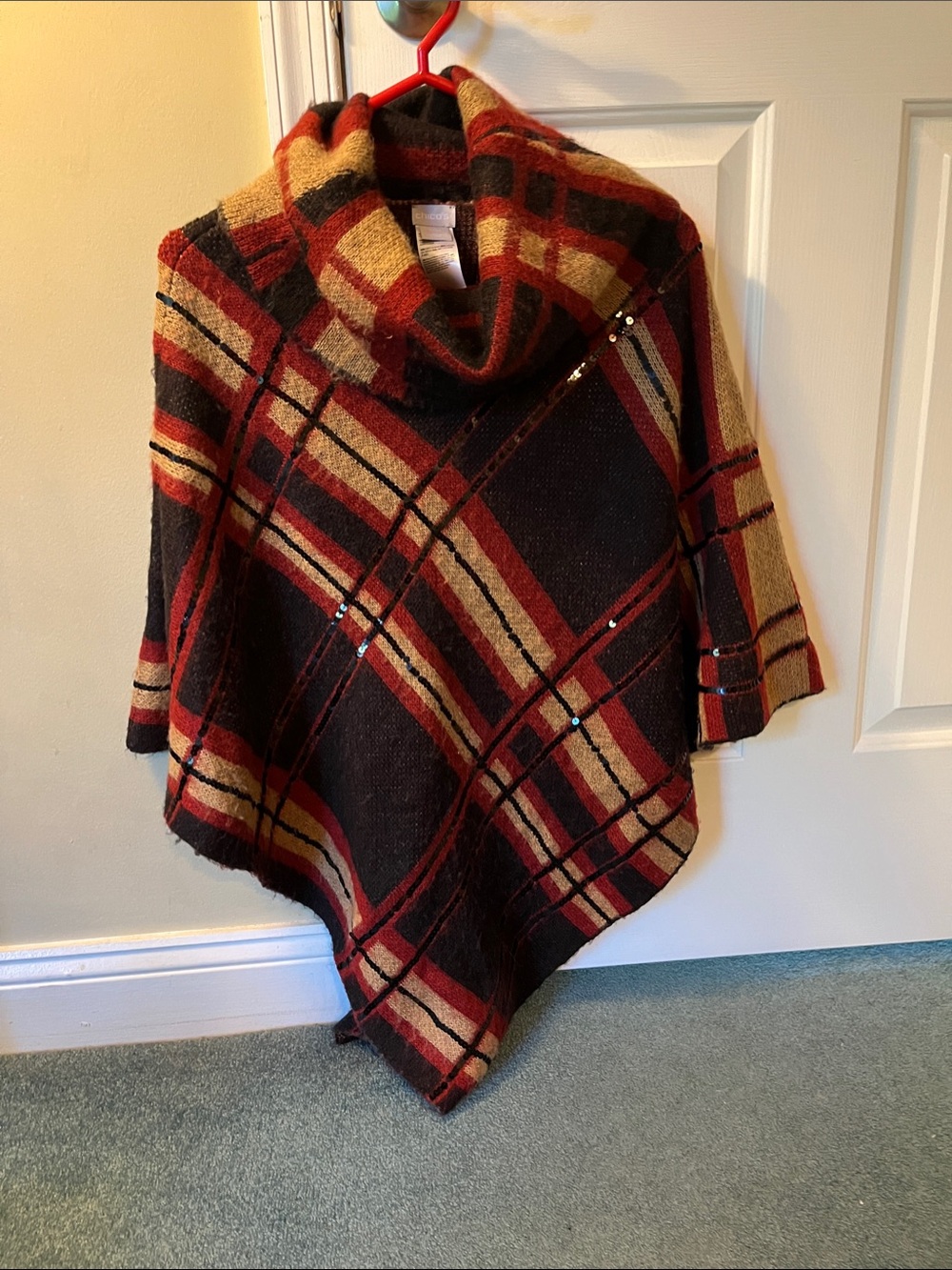 Chico's Red Black Tan Plaid Cowlneck Poncho